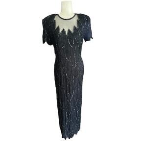 Vintage Stenay Silk Beaded Maxi Dress 6 Black Gown Cocktail Beaded Formal Party